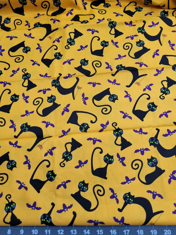 Halloween Black Cats Bats on Dark Yellow Cotton Fabric By Andover Fabrics 2Yards - Image 2 of 3
