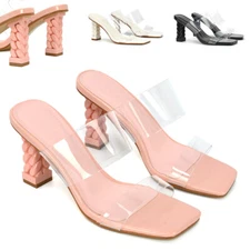 Womens Mid Heel Sandals Ladies Perspex Strappy Slip On Heeled Mule Shoes Size 