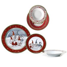 Servizio Piatti Natale completo per 6 Persone 18 Pezzi Babbo natale gnomi rosso 