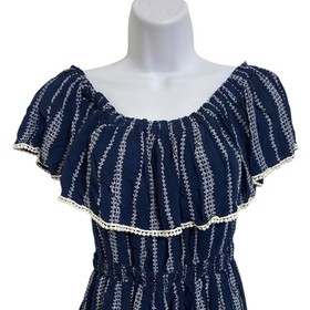 Lulus Navy White Embroidered Off Shoulder Ruffle Romper Boho Coastal Size Medium