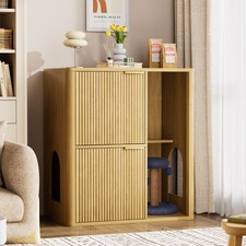 31.5" Natural Cat Litter Box Cabinet w/ Cat Tree, Dual Doors & Storage Shelves