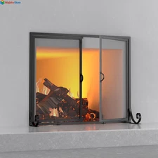 Fireplace Screen with Hinged Doors, Powder Coated Steel Frame Metal Mesh 