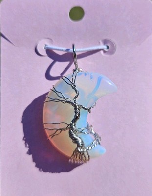 Silver Plated Wire Wrapped Crescent Moon Tree Of Life Opalite Stone Pendant