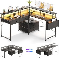 L Shaped Desk with Power Outlet & LED Lights, 4 Drawers Reversible Gaming Corner