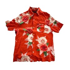 AllSaints Shirt Mens Small Orange Floral Hawaiian Short Sleeve Button Front