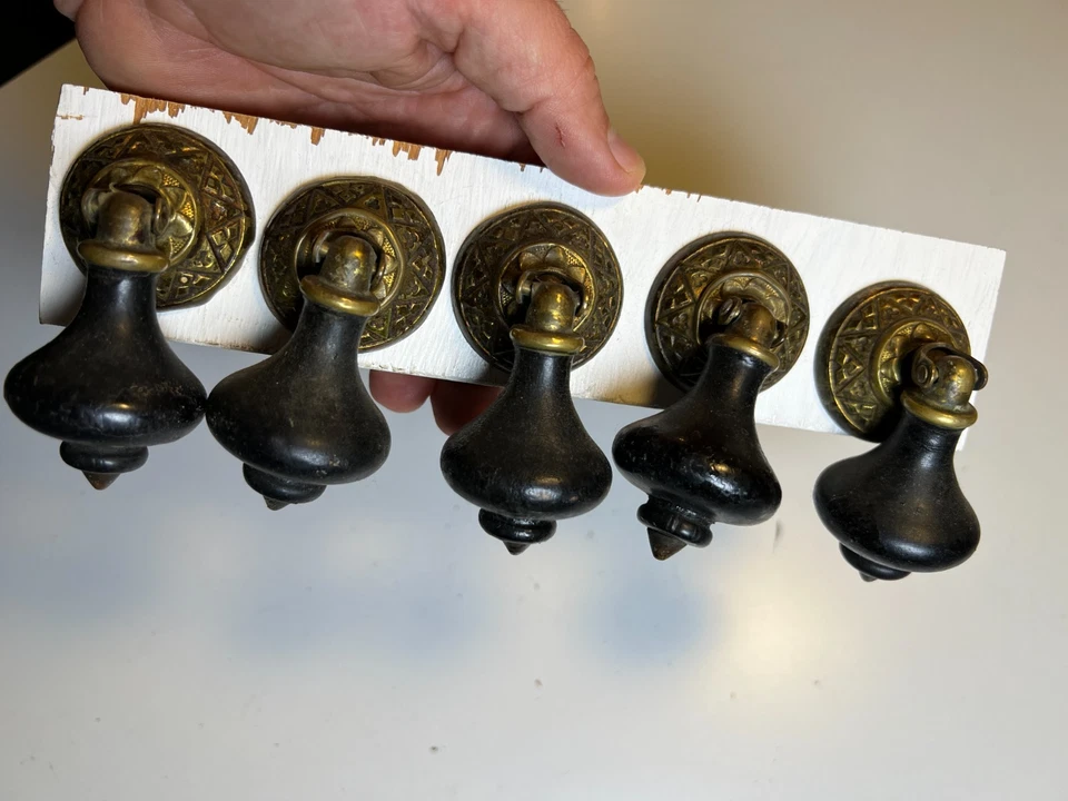 Set 5 Antique Drop Drawer Pulls Brass Black Wood Teardrop Victorian / Edwardian - Image 2 of 4