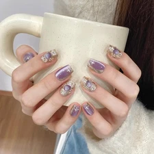 Purple Cat Eye Coffin Fake Nails Glitter Long False Nail Rhinestone French Tips