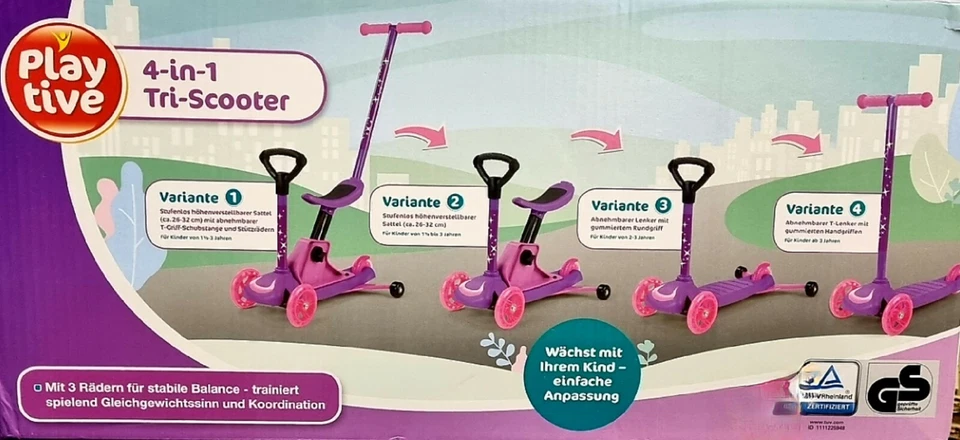 PLAYTIVE® Junior 4 in 1 Kleinkinder Scooter mit 3 Rädern in pink ab 18 Monat Neu