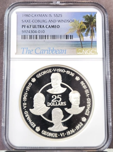 1980 CAYMAN ISLANDS SILVER 25 DOLLARS SAXE COBURG WINDSOR NGC PF 67 ULTRA CAMEO