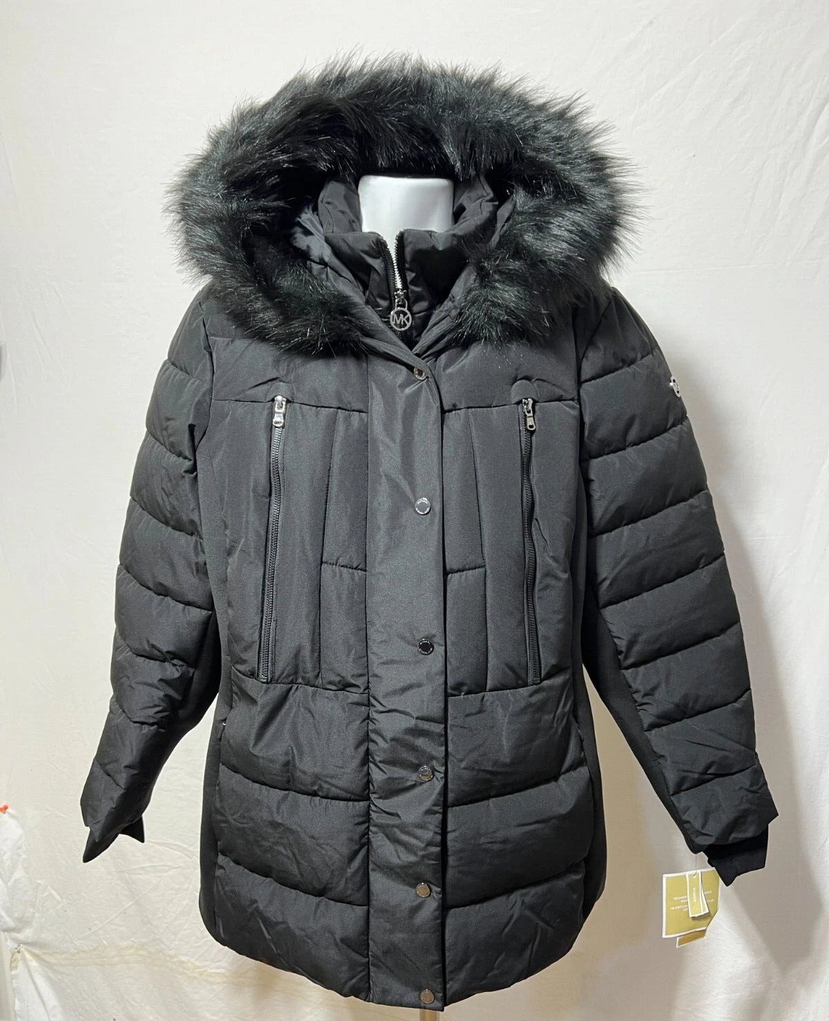 Giacca Michael Kors donna nera 1X con cappuccio nuova con etichetta media pelliccia sintetica taglie forti