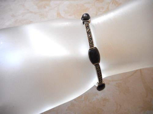 Lovely Sterling Silver Marcasite & Black Onyx Link 7.5" Bracelet RE33TRE - Picture 9 of 11