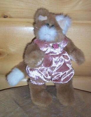 TY Attic Treasures Plush Brown with White Accents Cat POUNCER in Rose Jumper