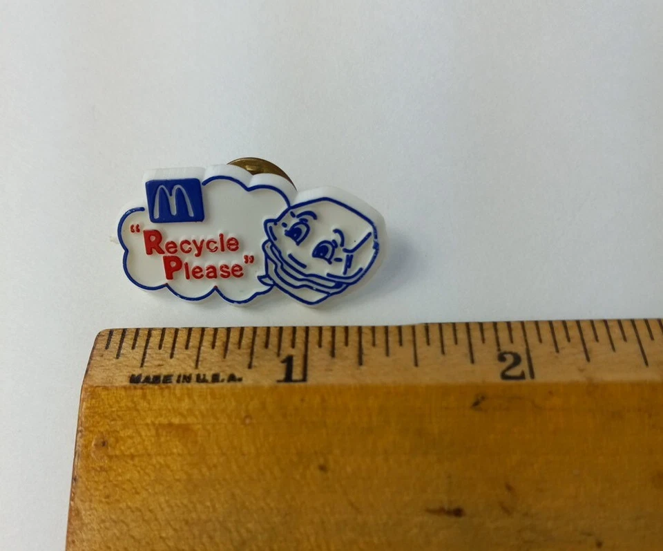 McDonalds Employee Pin Please Recycle Polystyrene White Blue Advertising Vtg - Image 4 of 4