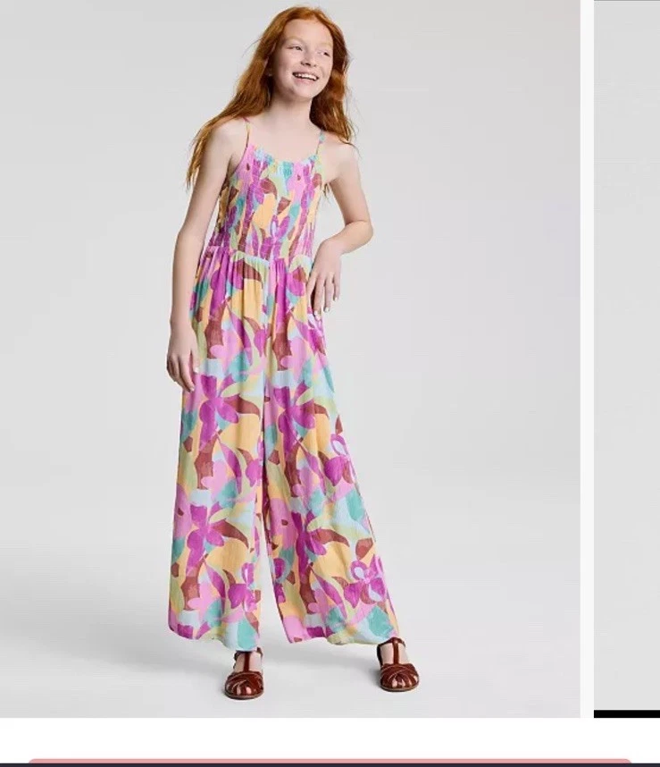 ROXY Girls Coastal Life Floral Smocked Wide Leg Jumpsuit Kids Sz L 12/14 Pink