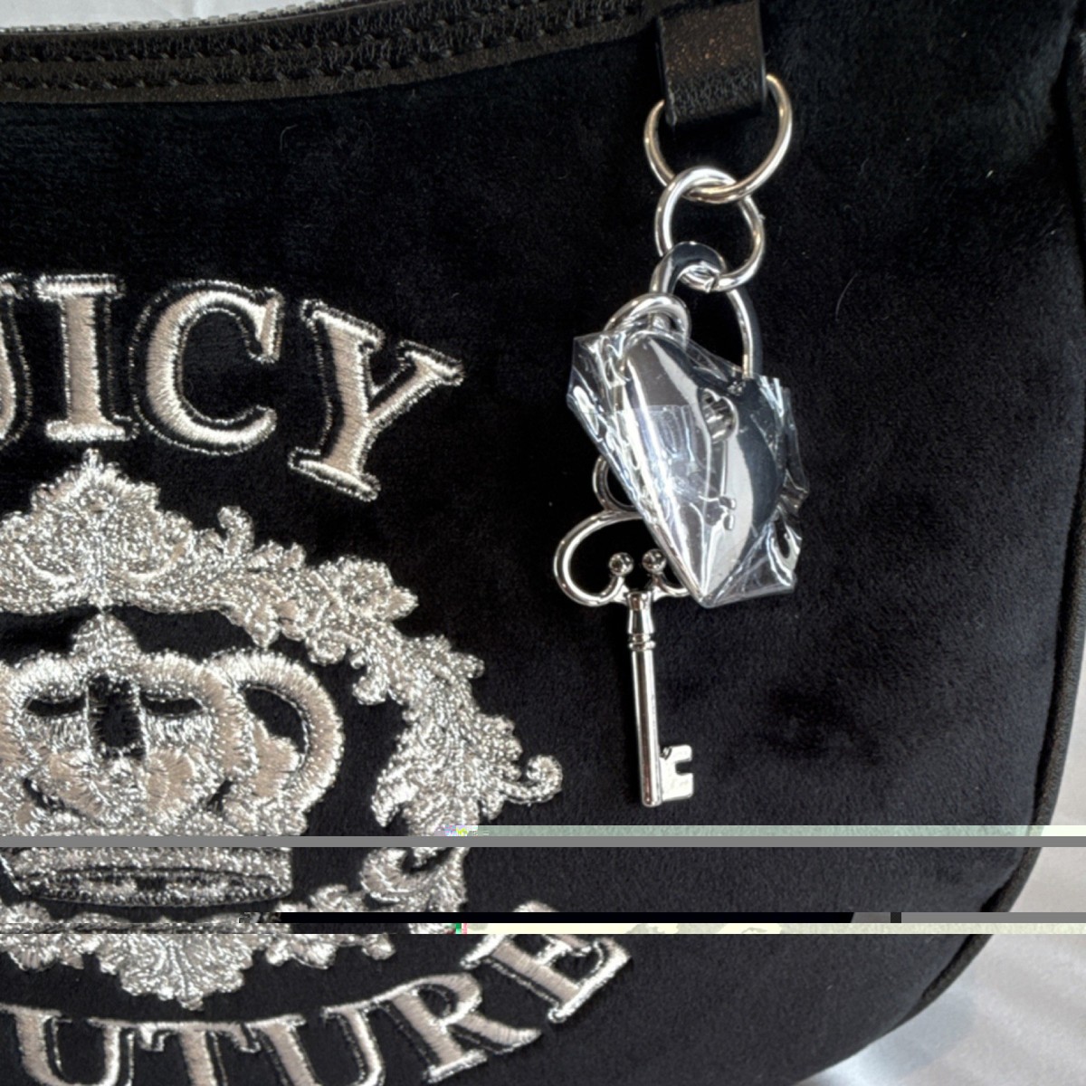 Juicy Couture Black Shoulder Bag Embroidered Logo Chain Heart Key