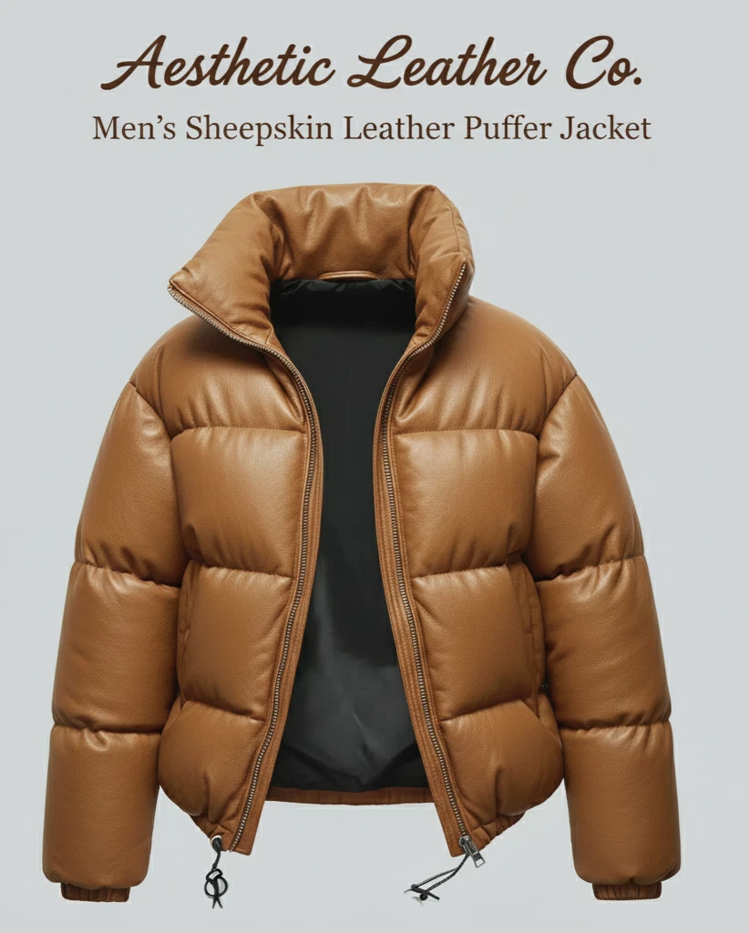 Luxury Men’s Brown Sheepskin Leather Puffer Jacket | Soft Padded Winter Coat