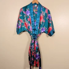Fantasies by Morgan Taylor Small Floral Print Satin Robe Green Floral Tie Waist