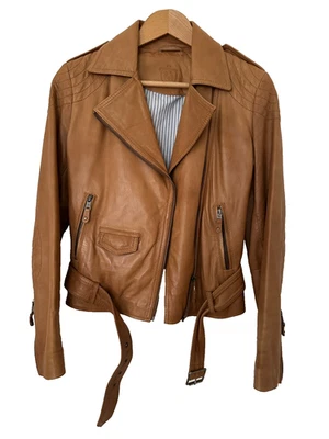 Massimo Dutti Blouson Veste de style motard en cuir d'agneau, Marron, Taille M - Photo 1/4