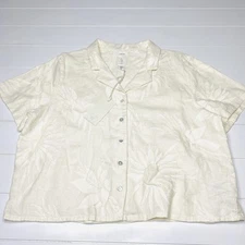 Joie Women Sz XL White Off Linen Button Boxy Shirt Floral Embroidered Cropped
