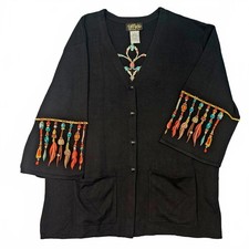 Bob Mackie 3X Plus Duster Tribal Embroidered Dreamcatcher Feather Cardigan Black