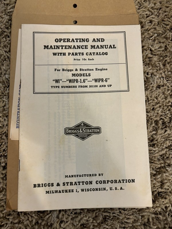 1950s Briggs & Stratton Engine WI WIPR-1.6 WIPR-6 Maintenance Operating Manual