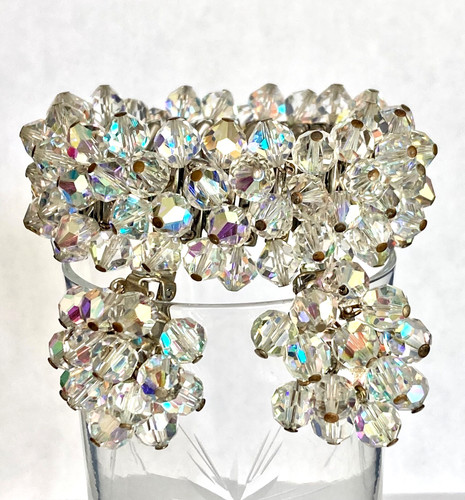 Vtg AB Crystal Expansion Cha Cha Bracelet & Waterfall Cha Cha Earrings
