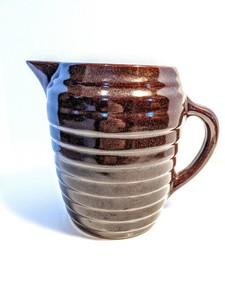 Vintage-Brown-Glaze-Stoneware-Pitcher-Made-In-USA-Ribbed-Primitive-Salt-Beehive