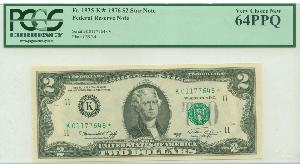 US 1976  2 Dollars  "K" STAR  (PCGS 64)  World paper money currency banknotes - Image 2 of 3