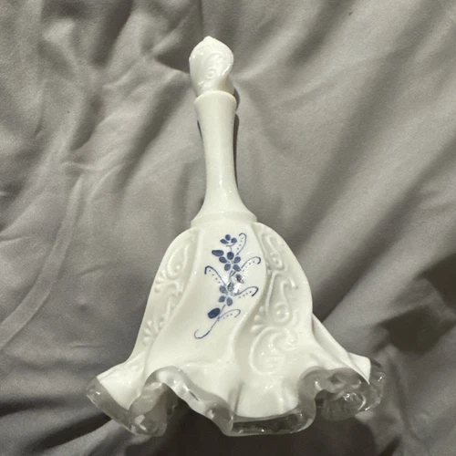 Vintage Fenton Signed Ruffled Silver Crest Milk Glass Bell Hand Pained Signed