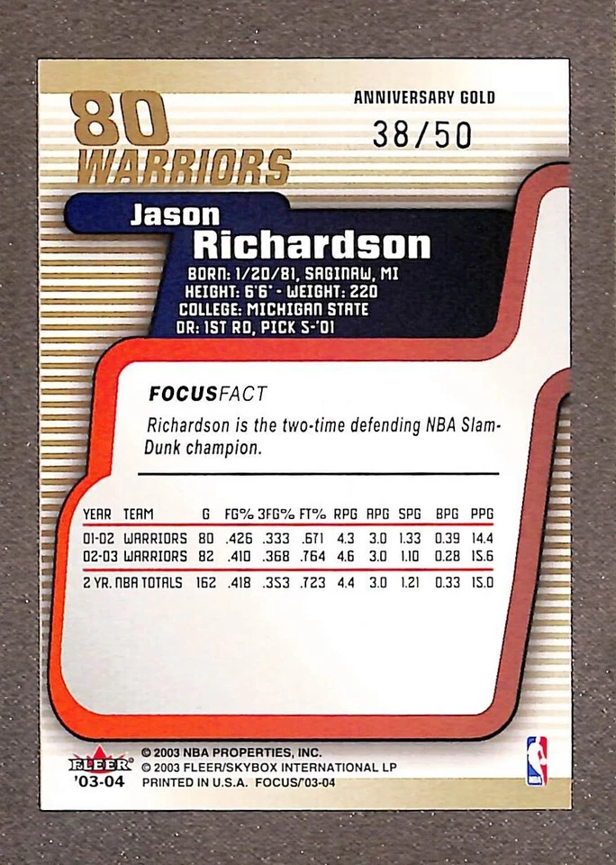 Fleer Focus 2003 aniversario NBA oro #80 Jason Richardson/50 Foto 2 de 3