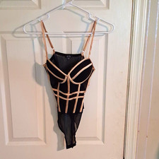 IRIS Black Mesh Semi-Transparent Adjustable Strap Bodysuit One Piece S