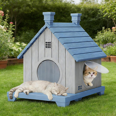 Weatherproof Outdoor Cat House with Elevated Base & Ventilation - Blue
