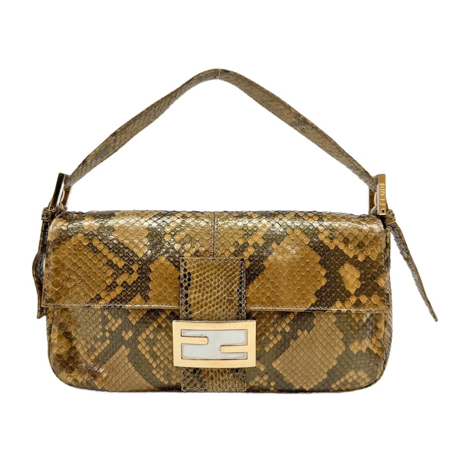 FENDI Baguette Gold Python Embossed Leather Shoulder Bag