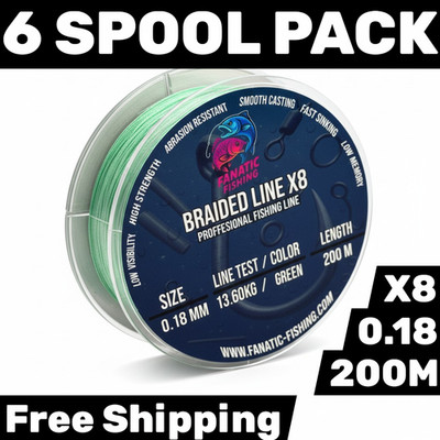 6x Fanatic Fishing Braided Line X8 200M 0.18mm 30lb Green