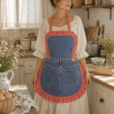 Vintage DIY Upcycled Denim Ruffle Apron Cottagecore Farmhouse Prairie Kitchen
