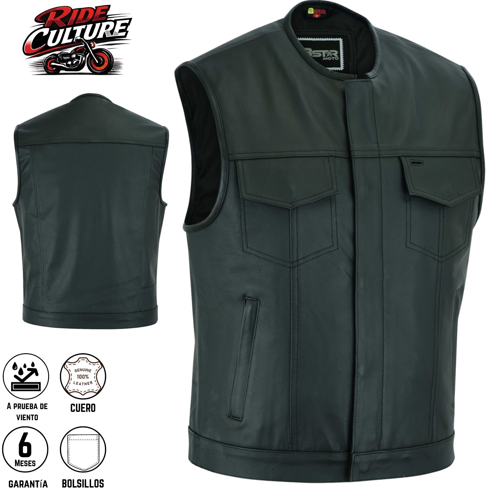 Chaleco de Cuero Hombre Negro Moto Motociclista Club Cuero Genuino Alta Calidad