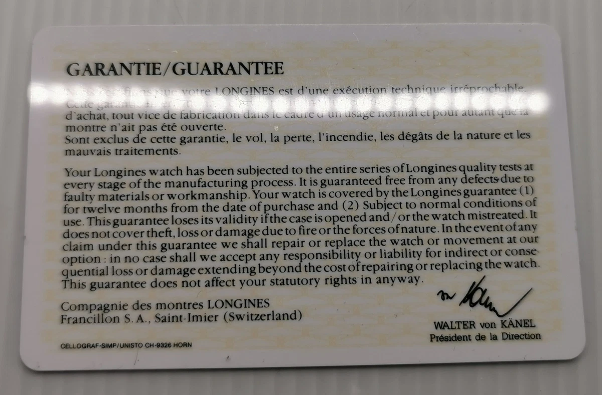 Tarjeta de garantía Longines 1992 de colección, folleto de instrucciones de servicio y funda