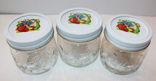3 Vtg- 8 oz. Kerr Embossed Fruit & Flower Jelly Canning Jars -Fruit Lids & Rings