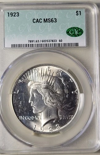 1923 $1 Peace Silver Dollar - CAC MS63 Beautiful White Gem Free Shipping