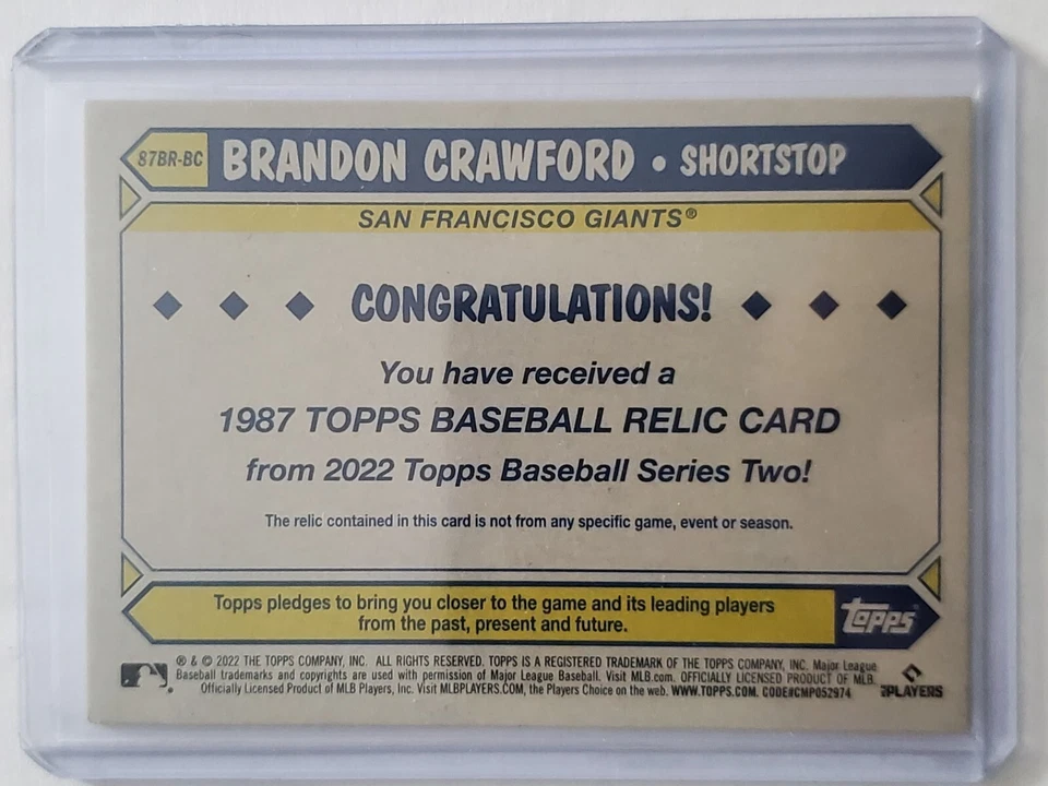 Brandon Crawford 2022 Topps Series 2 35th Anniversary Jersey Relic #87BR-BC - Image 2 of 4
