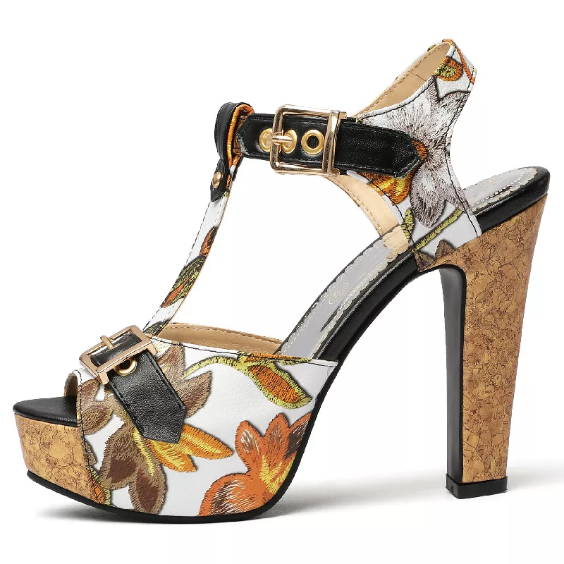 Fashion Sandals Peep Toe High Heels Platform T-Straps Flower Print Large Size