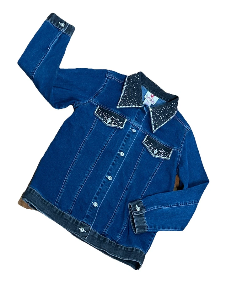 Quacker Factory Dazzling Rhinestone Embellished Blue Black Denim Jacket S Bling - Image 2 of 4