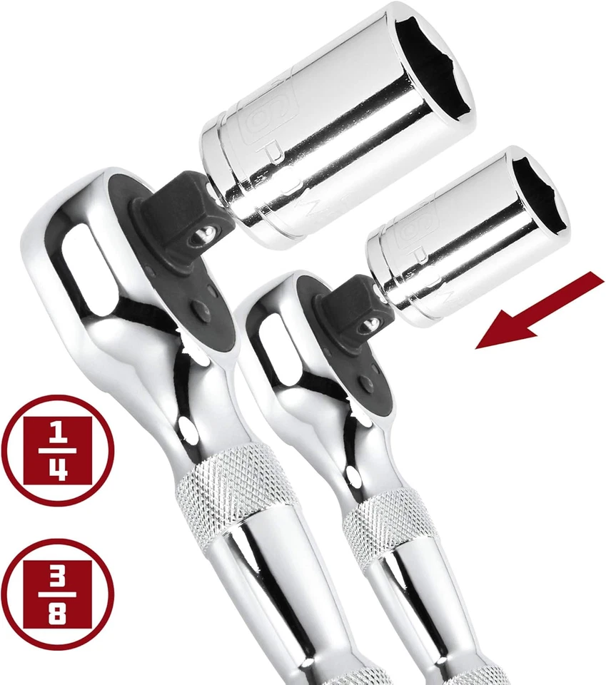 Juego de trinquete rechoncho Powerbuilt de 2 piezas de 1/4 pulgadas y 3/8 pulgadas, solapa de liberación rápida Foto 2 de 4