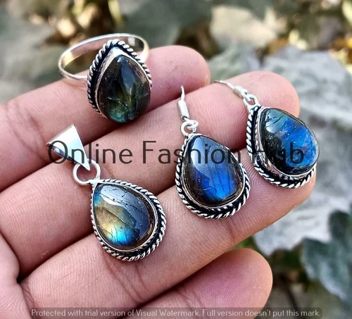 Labradorite Gemstone Pendant Earings Ring Set 925 Sterling Silver Plated Jewelry