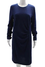 Max Mara Women's Round Neck Long Sleeves Cinched Midi Workwear Dress Blue Size M