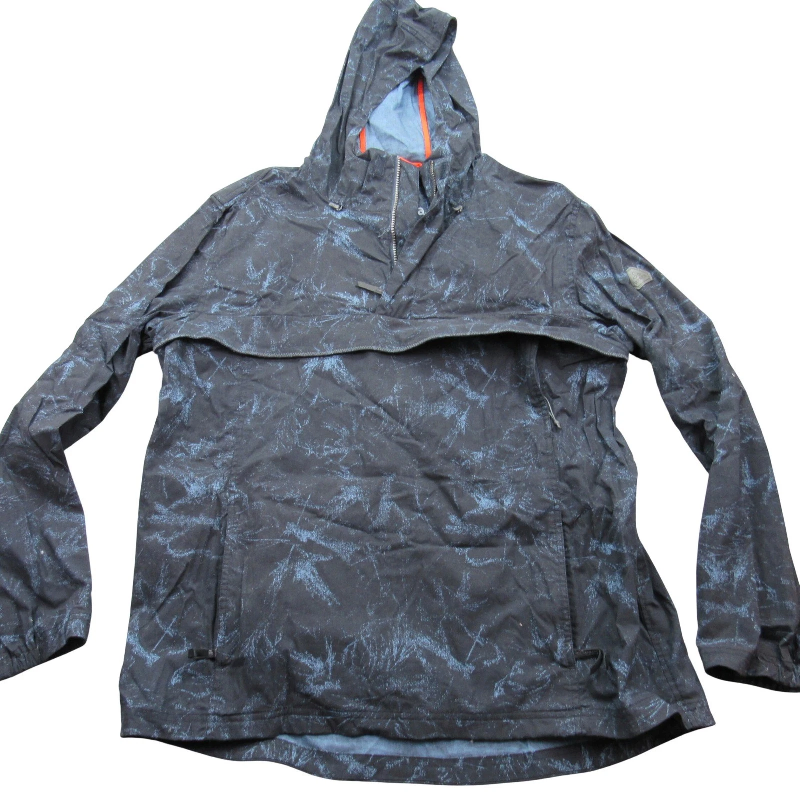 PrAna Mens XL Anorak Windbreaker Jacket Blue Black Abstract Hooded Half Zip