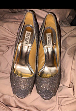 Badgley Mischka Women s Pewter Glitter Peep Toe Stiletto Pumps 7.5 M