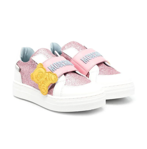 MOSCHINO KIDS SNEAKERS PINK GLITTER TEDDY TOUCH-STRAP TRAINERS IN WHITE SZ 21 - Picture 4 of 4