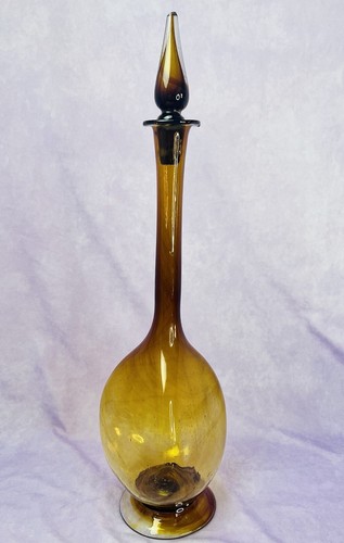 RARE Mid Century Hand Blown Amber Glass Genie Bottle 3 Sided Pedestal Decanter - Picture 2 of 12