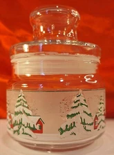 Holiday Glass Container with Lid Christmas Winter Scene Candy Jar Canister  5.5"